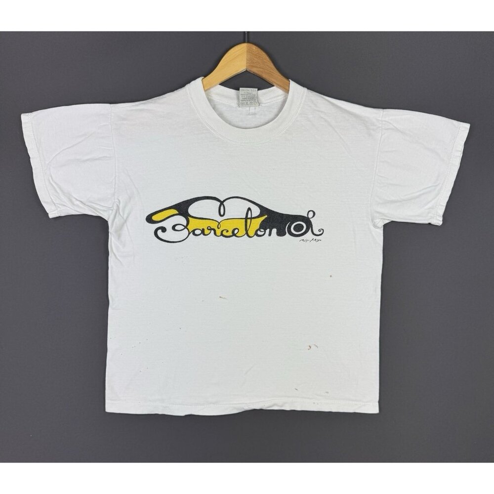 Vintage 90s Barcelona Spain Art Spellout Rigo Artist White Shirt Fit Large Women